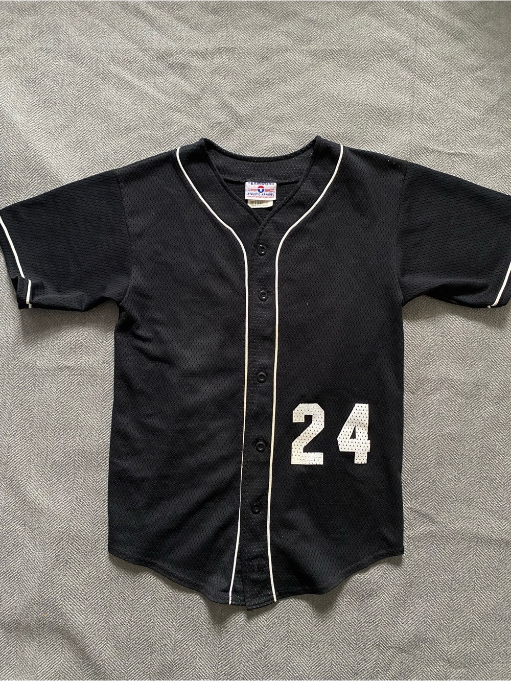 Kids Black Baseball Jersey with White Piping and Number 24